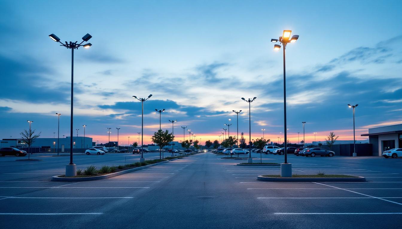 A photograph of a well-lit outdoor parking lot at dusk