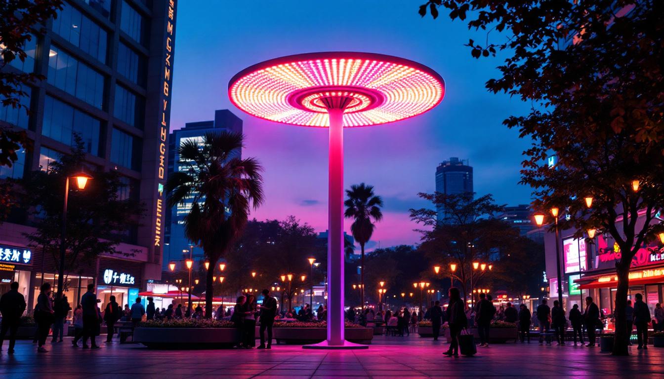 A photograph of a vibrant urban scene at dusk