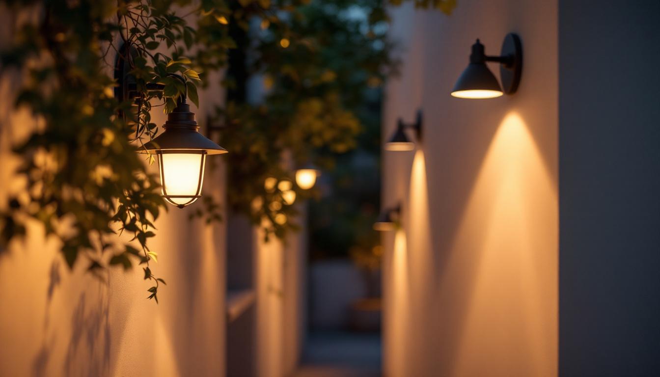 A photograph of a beautifully illuminated outdoor space featuring various lighting fixtures