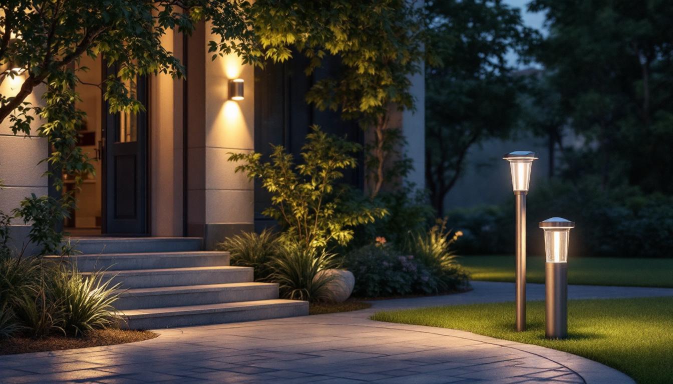 A photograph of a beautifully illuminated outdoor space featuring led solar post lights in various settings