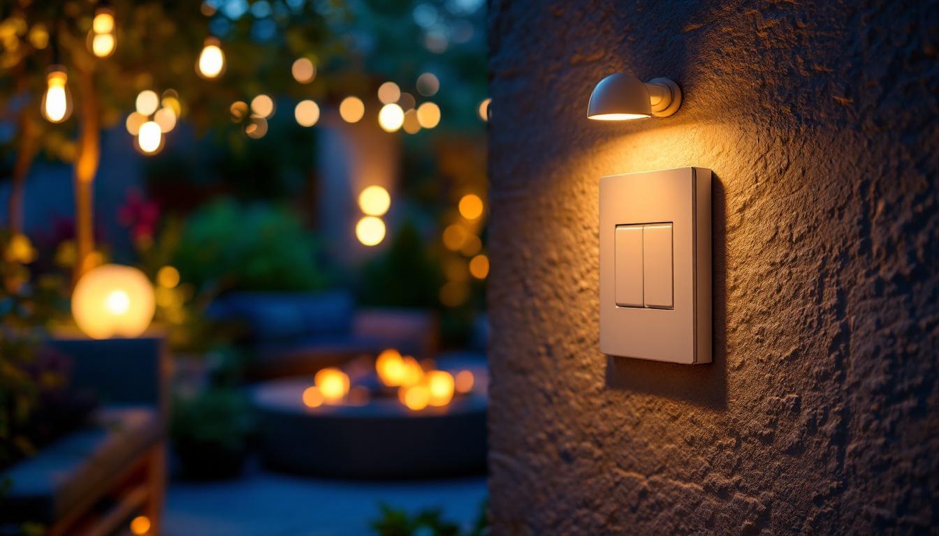 A photograph of a well-designed outdoor lighting switch box integrated into a beautifully illuminated garden or patio setting
