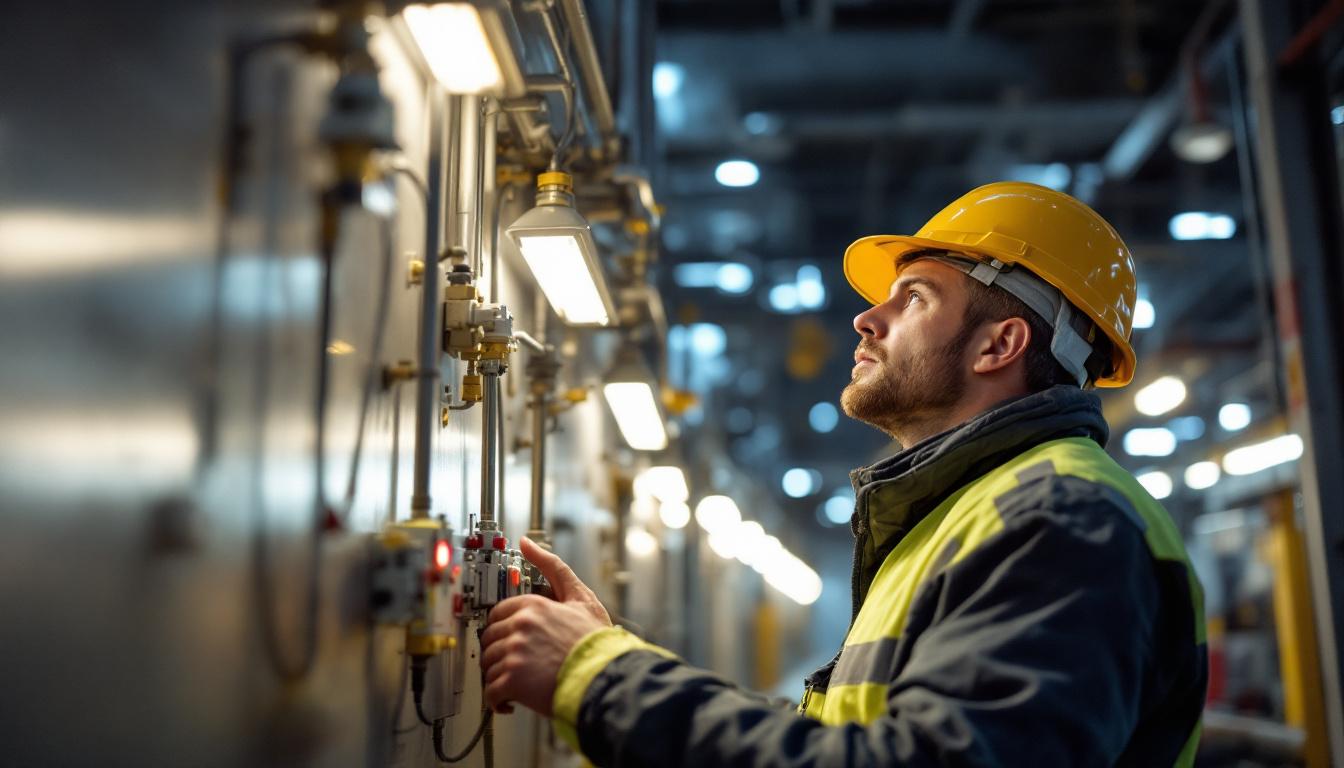 A photograph of an electrical engineer inspecting a hazardous area lighting installation