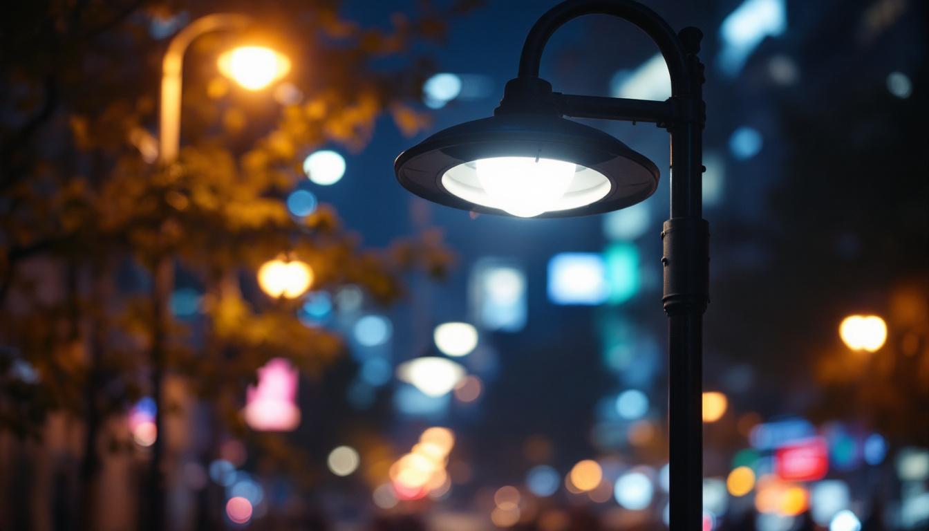 A photograph of a street light head in a nighttime urban setting