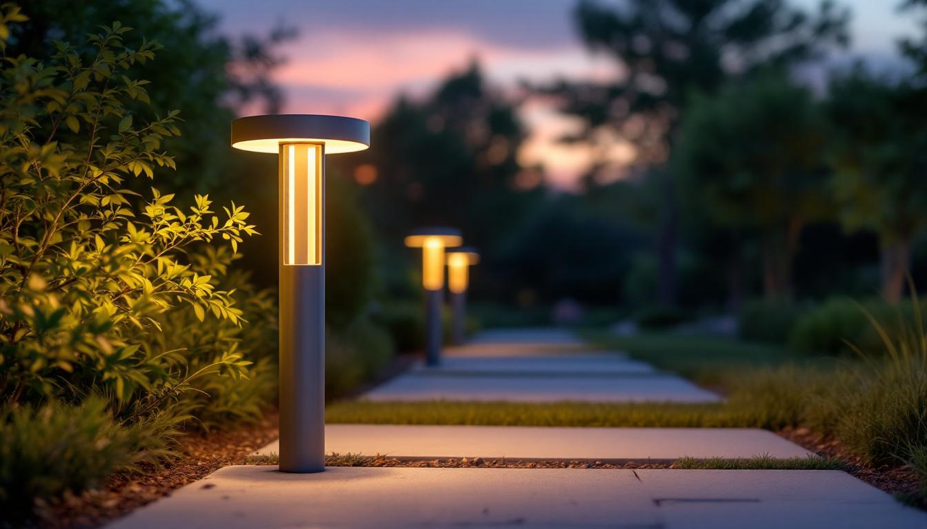 A photograph of a beautifully designed dusk-to-dawn outdoor light fixture illuminating a pathway or garden at twilight