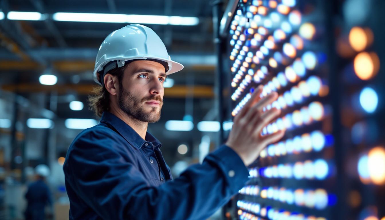 A photograph of a skilled electrical engineer examining a large led light installation