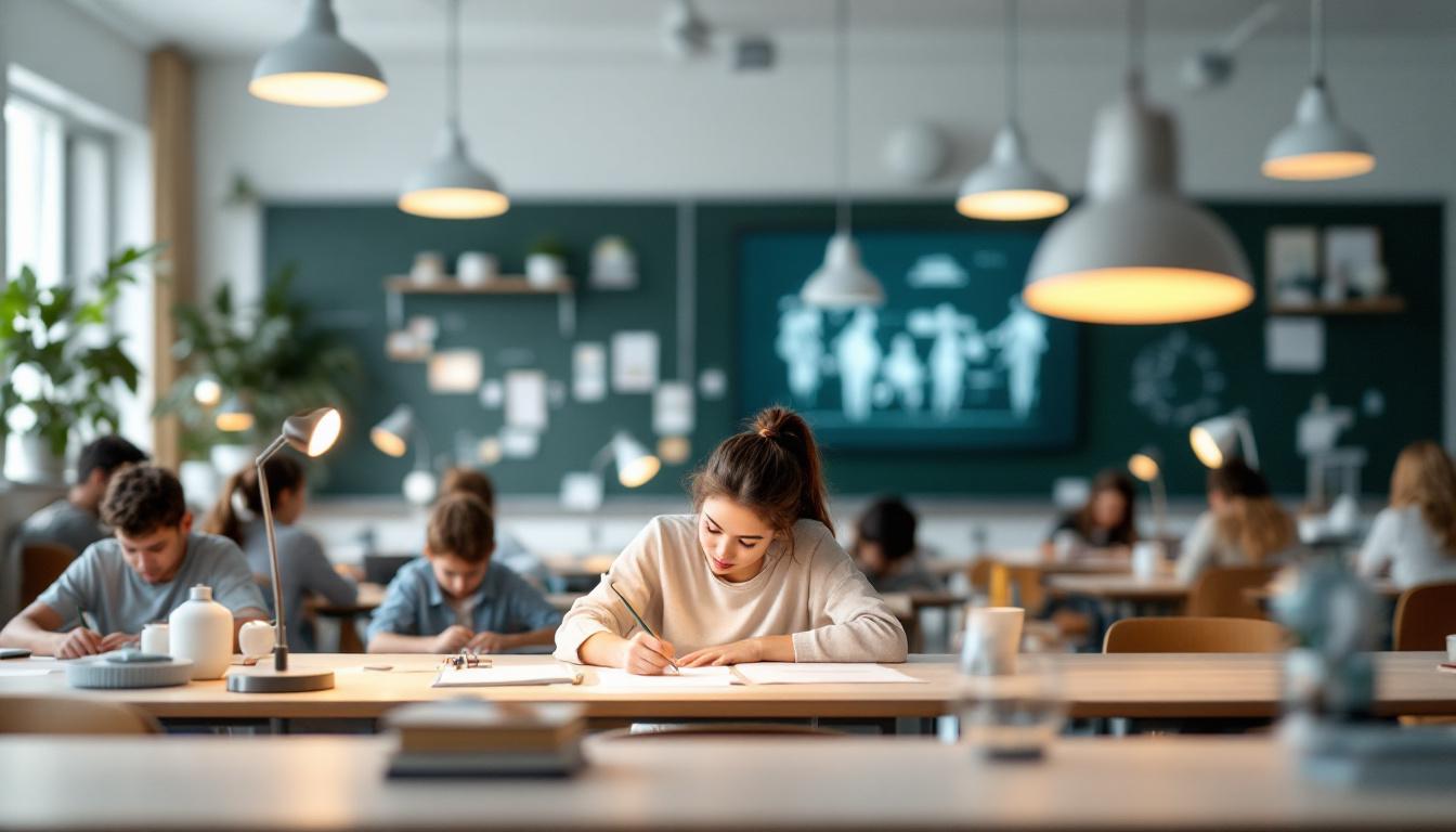 A photograph of a well-lit classroom setting showcasing various types of lamps and lighting fixtures