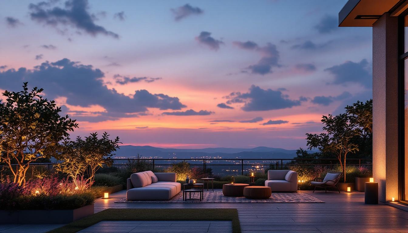 A photograph of a beautifully illuminated outdoor space at dusk