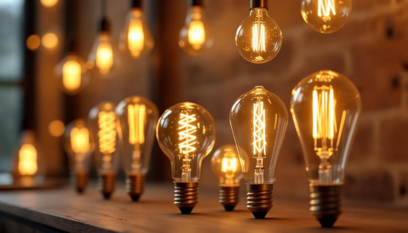 A photograph of a stylishly arranged display of various long neck light bulbs in a modern setting