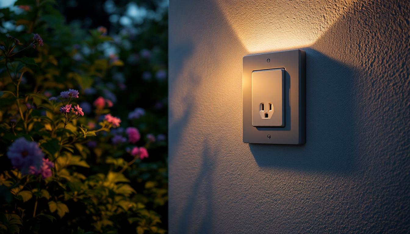 A photograph of a well-designed outdoor light outlet installed in a beautifully illuminated garden or patio setting