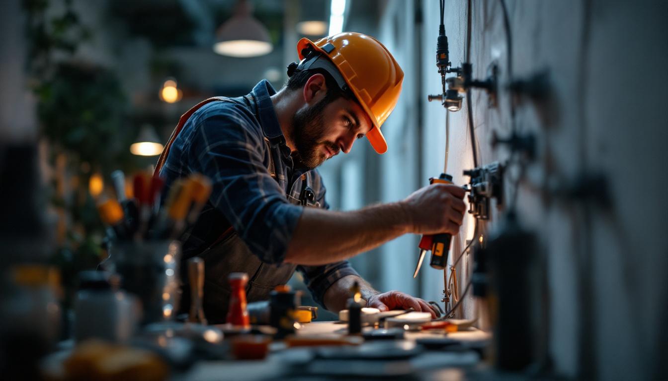 A photograph of a skilled electrician working with various tools in a well-lit environment