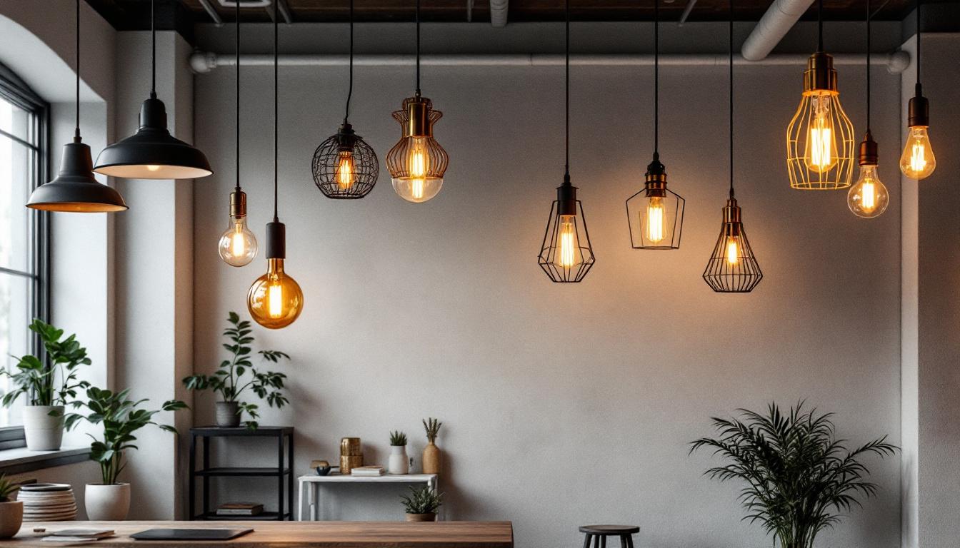 A photograph of a stylishly designed office space featuring a variety of hanging light fixtures