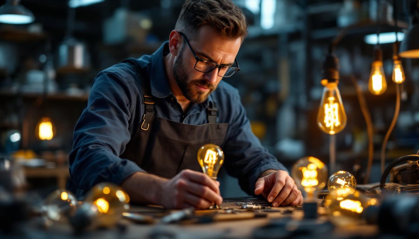 A photograph of a skilled electrical engineer examining various light bulbs in a well-lit workshop