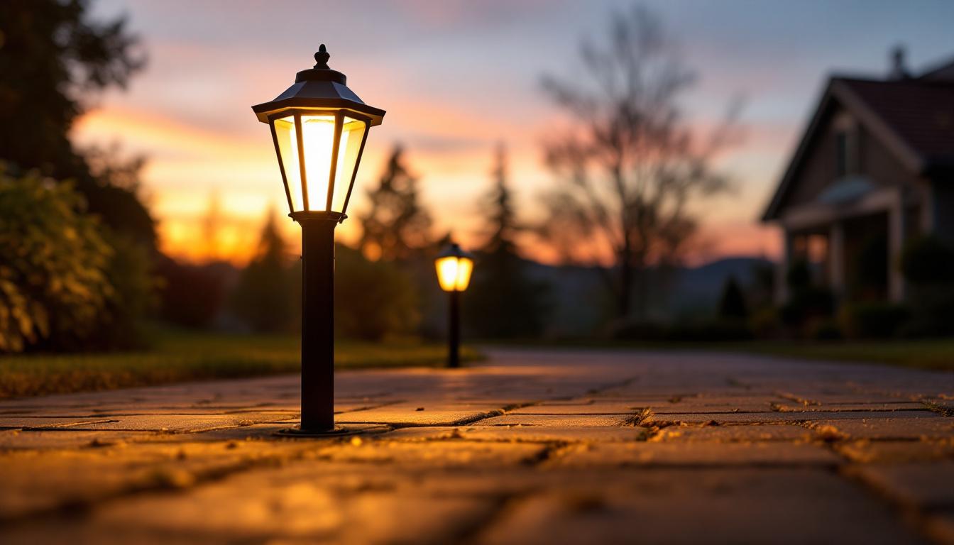 A photograph of a beautifully illuminated solar driveway lantern set against a picturesque evening backdrop