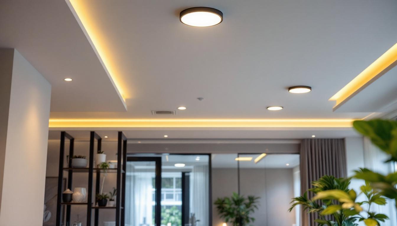 A photograph of a well-lit interior space showcasing 5-inch led can lights installed in a ceiling