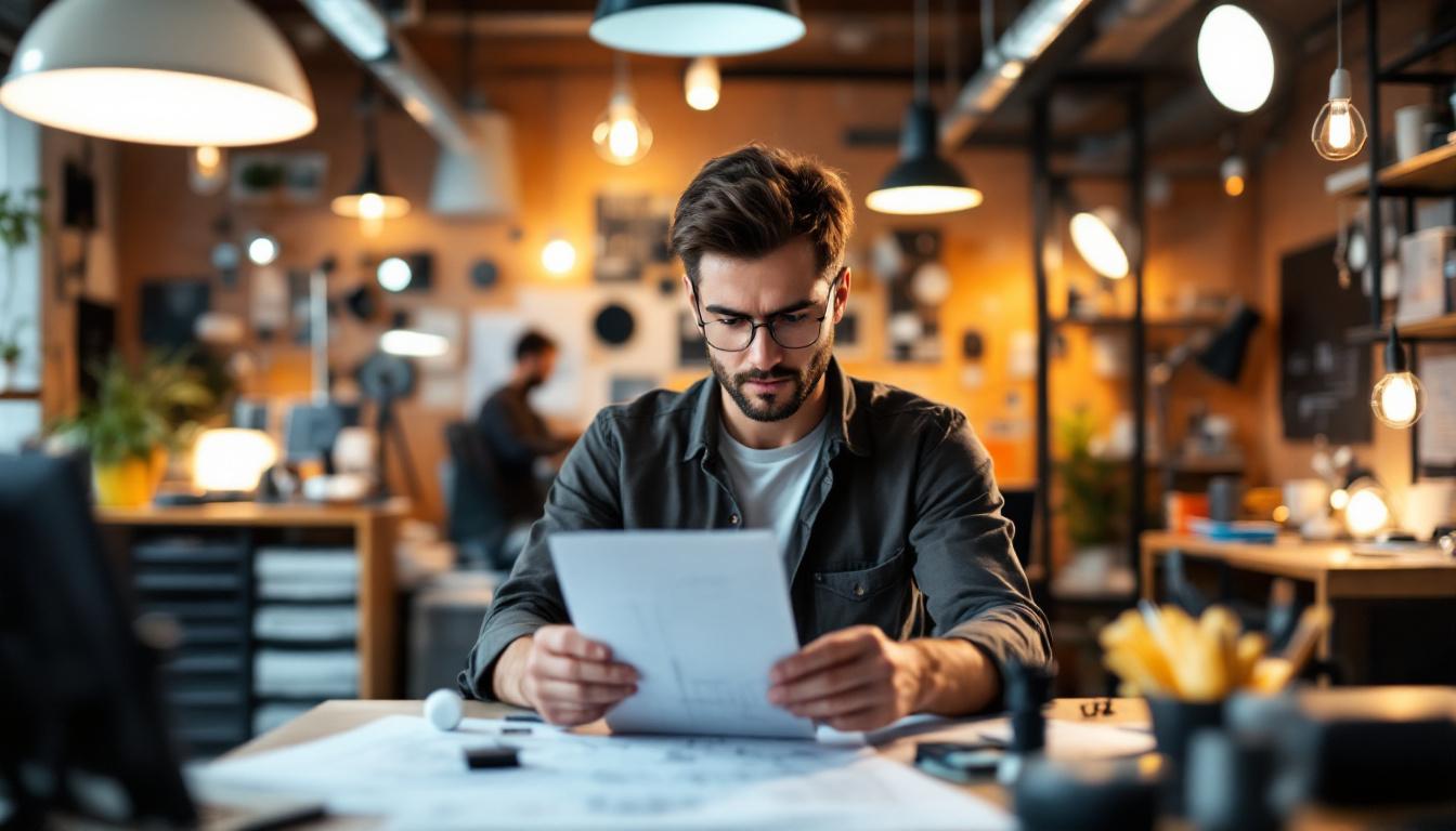 A photograph of a skilled electrical engineer analyzing lighting designs in a modern workspace