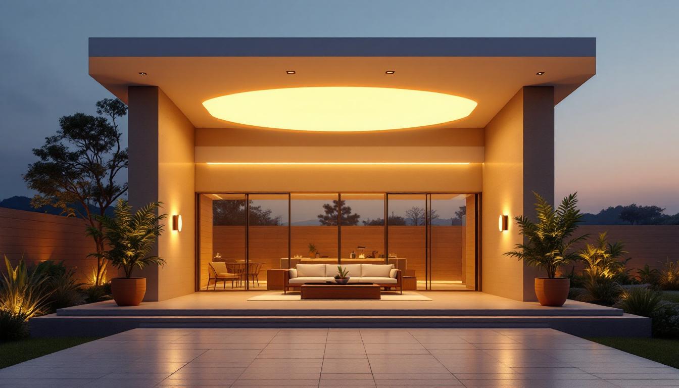 A photograph of an aesthetically pleasing outdoor space featuring an extra large light fixture prominently displayed