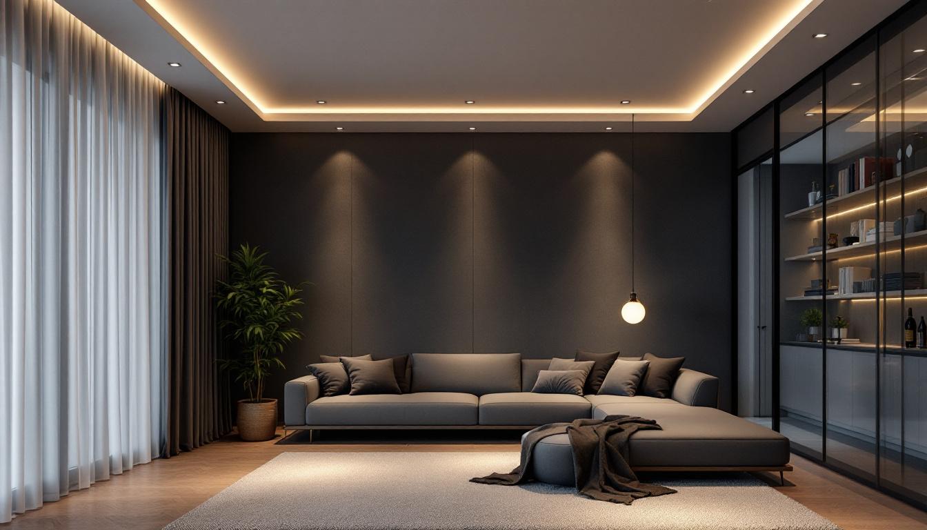 A photograph of a stylish modern interior featuring sleek recessed ceiling lights that highlight contemporary design elements