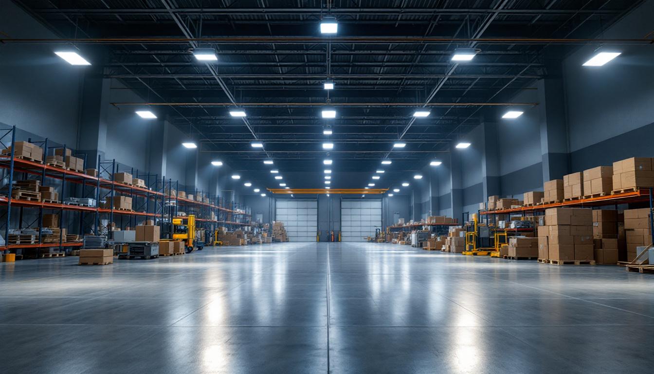 A photograph of a well-lit warehouse interior showcasing various warehouse led light fixtures in action