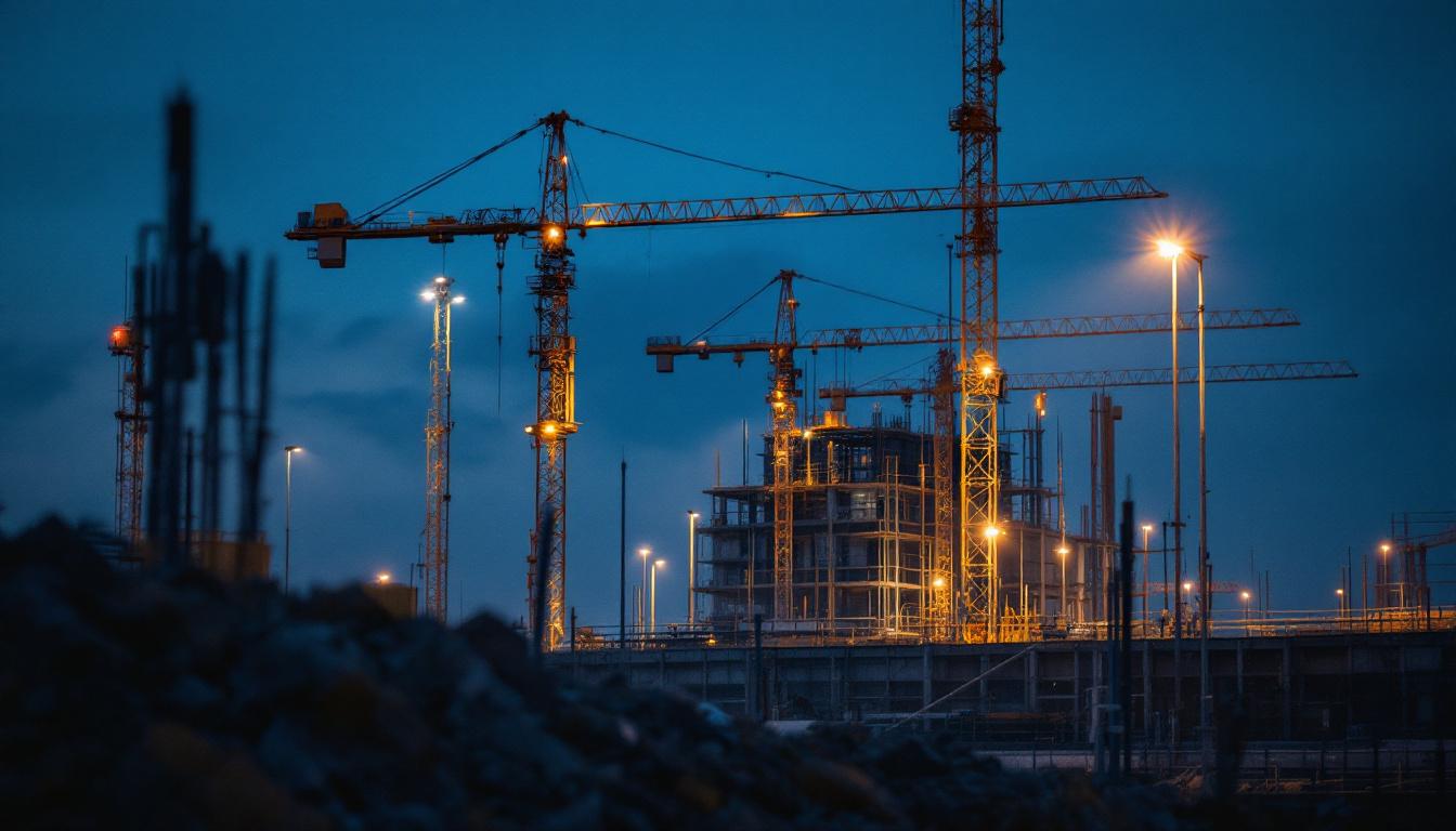 A photograph of a construction site at dusk