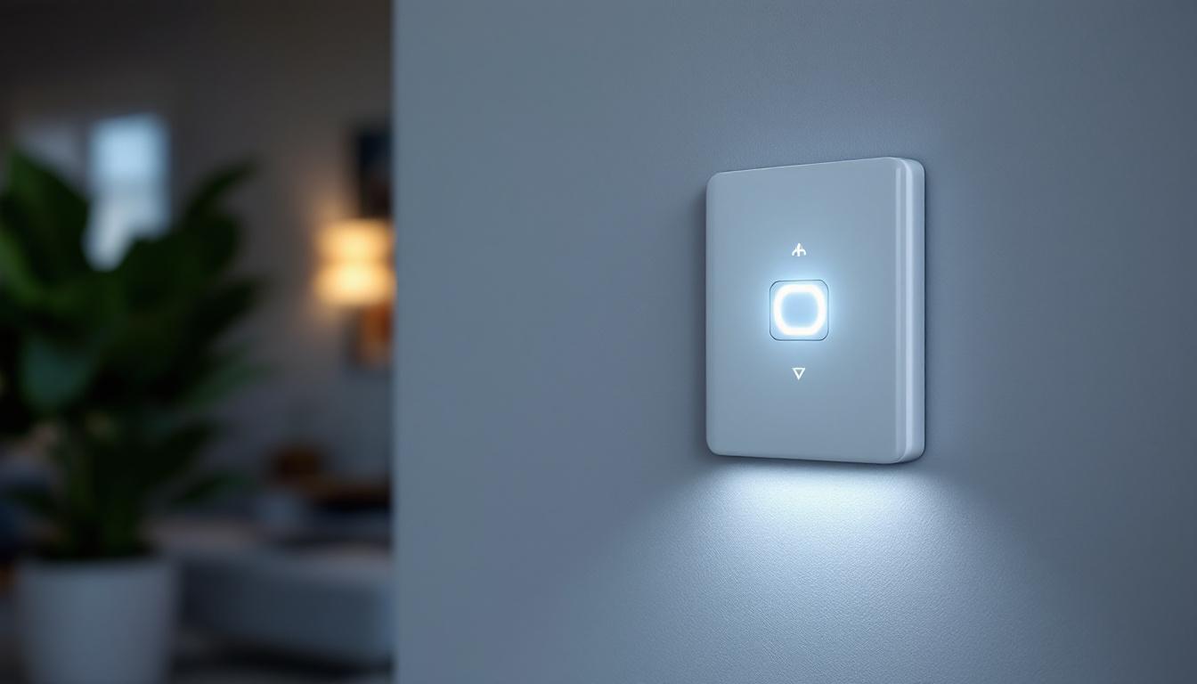 A photograph of a modern occupancy light switch in a well-lit room