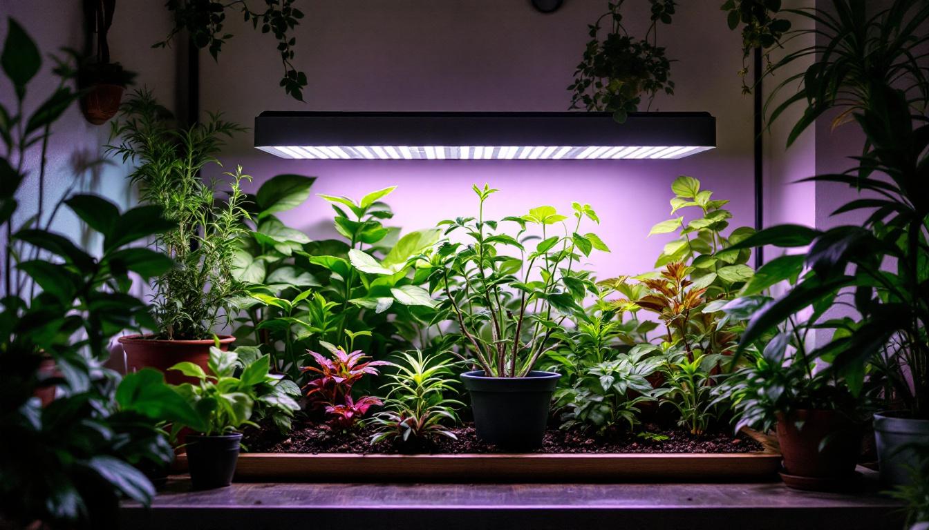 A photograph of a modern indoor garden setup featuring various plants illuminated by innovative led grow lights