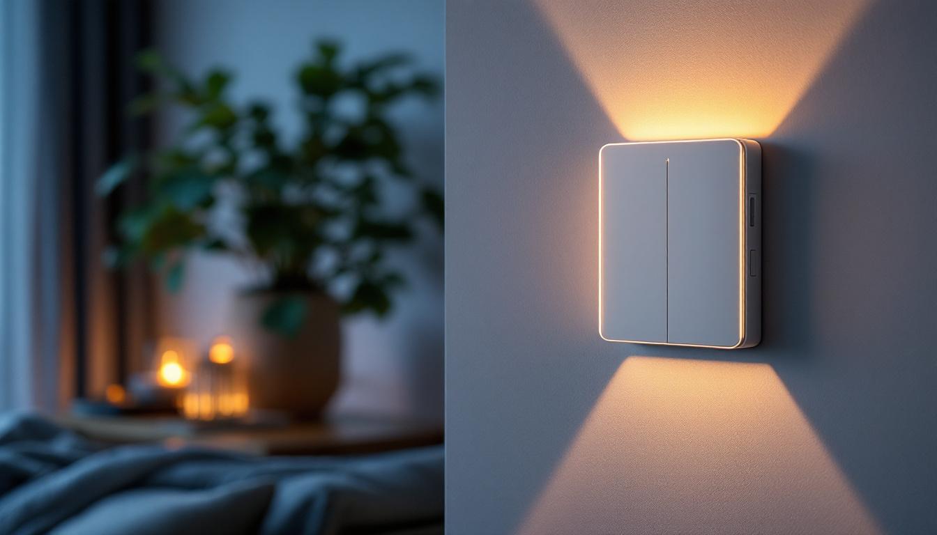 A photograph of a modern automated light switch in an aesthetically pleasing home setting