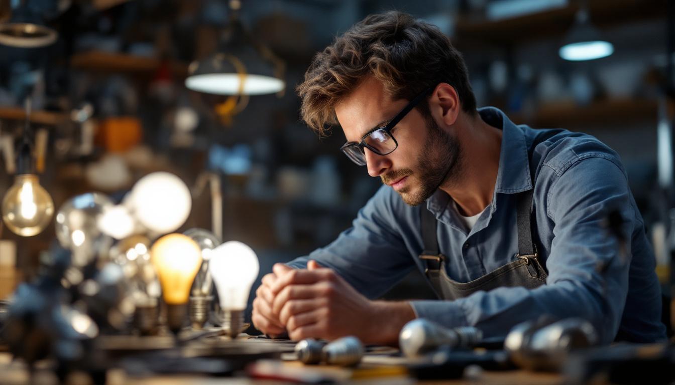 A photograph of a skilled lighting engineer examining a variety of high-quality light bulbs made in the usa