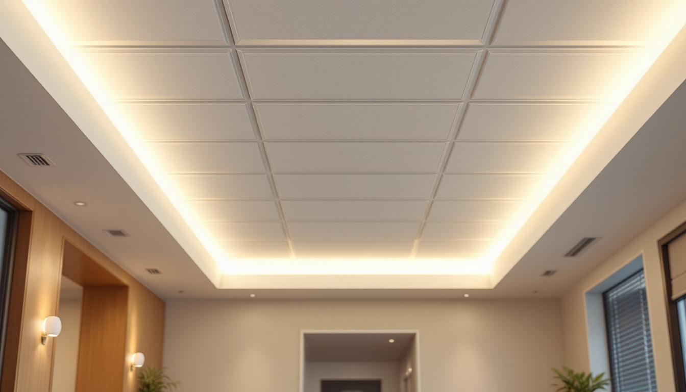 A photograph of a well-designed ceiling tile lighting installation in a modern interior space