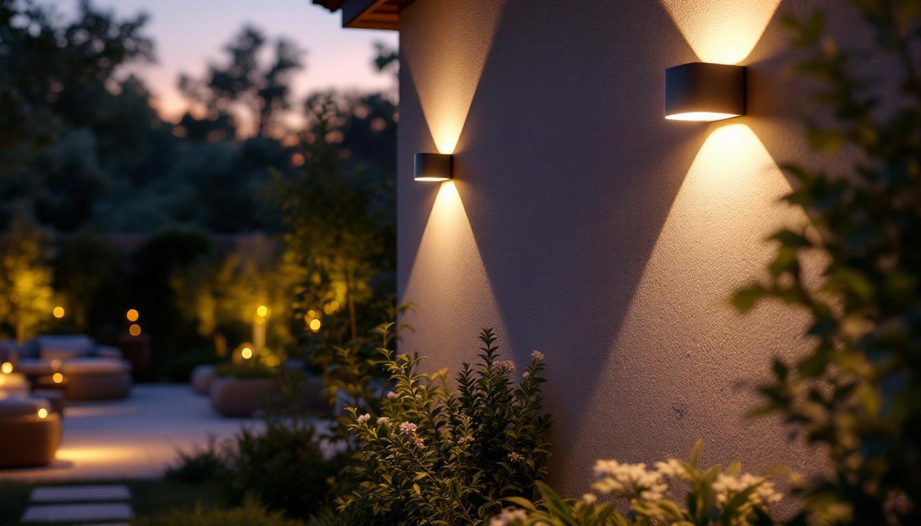 A photograph of a beautifully illuminated outdoor space featuring stylish wall led lights