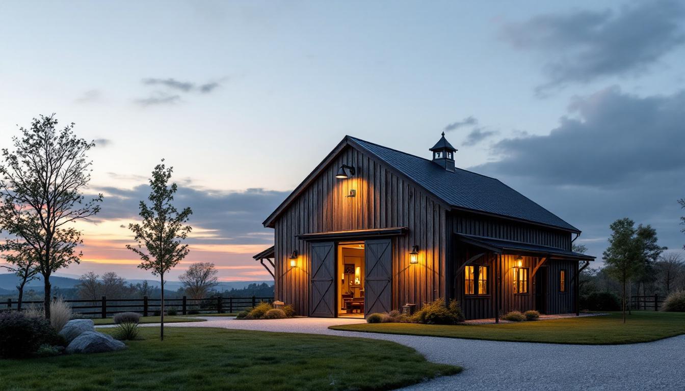 A photograph of a beautifully designed exterior barn light illuminating a large outdoor space