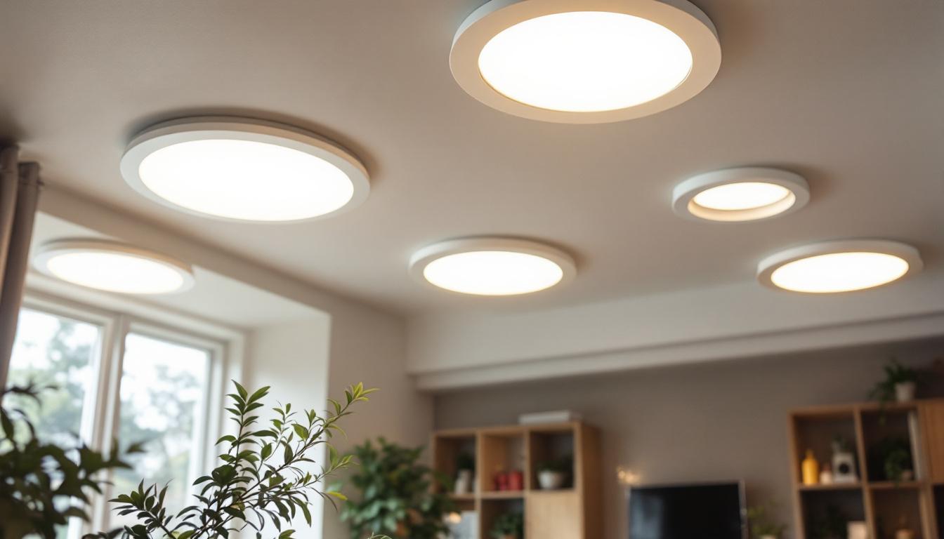 A photograph of capture a photograph of a well-lit interior space featuring various recessed can light trim kits installed in the ceiling