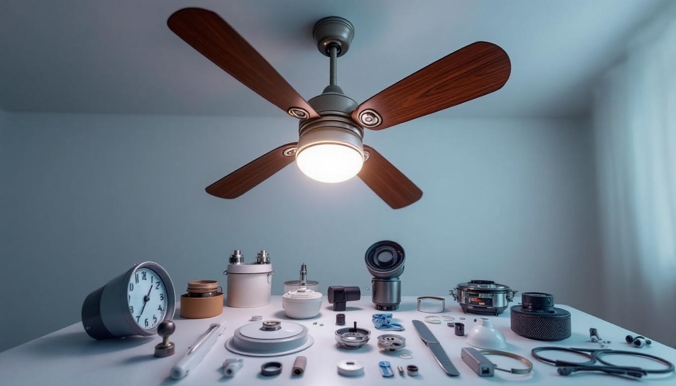 A photograph of a well-lit ceiling fan with its parts laid out beside it