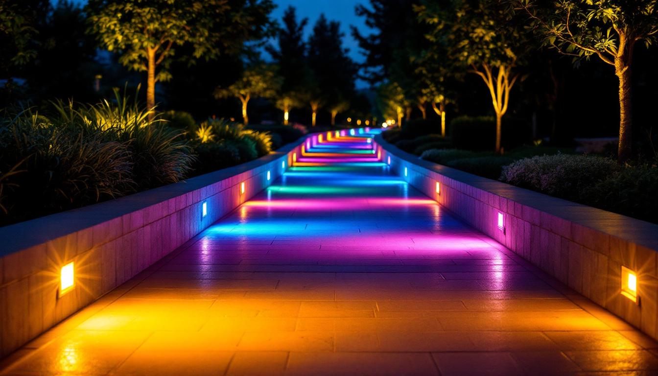 A photograph of a beautifully illuminated pathway featuring color-changing lights in a landscaped outdoor setting