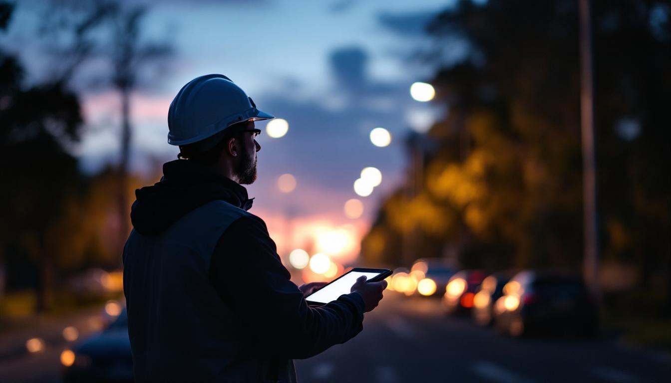 A photograph of a lighting engineer analyzing a streetlight installation at dusk