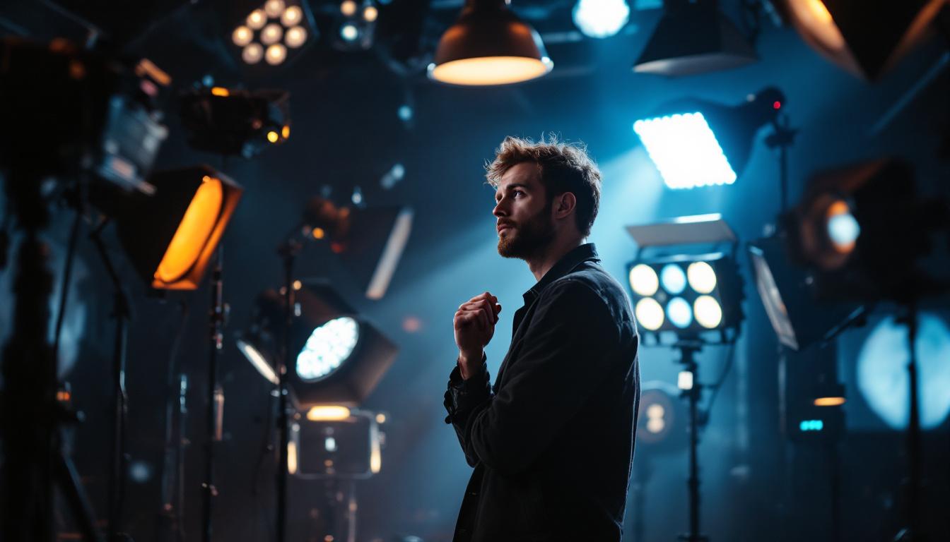 A photograph of a lighting designer thoughtfully examining a complex lighting setup in a dimly lit space