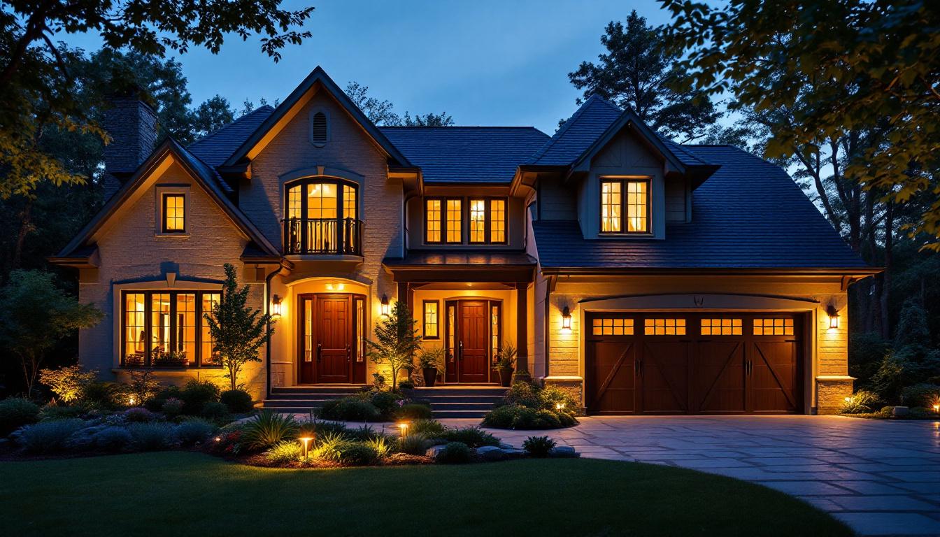 A photograph of a beautifully illuminated house exterior at dusk