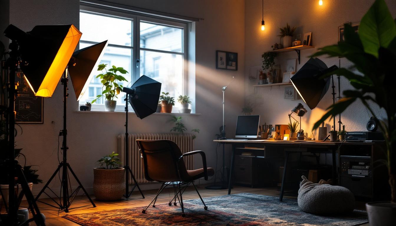 A photograph of a dynamic lighting setup in a creative workspace