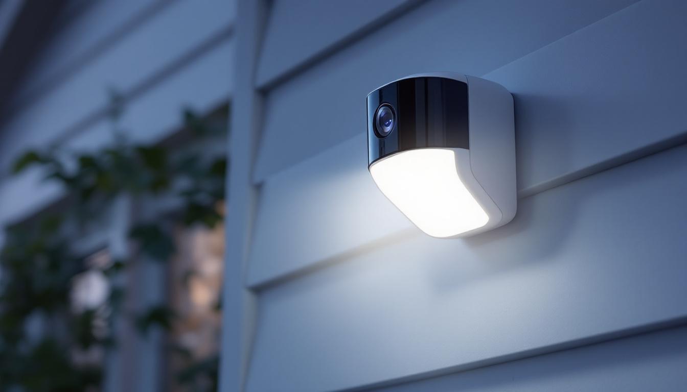 A photograph of a stylish outdoor motion detector light with an integrated camera