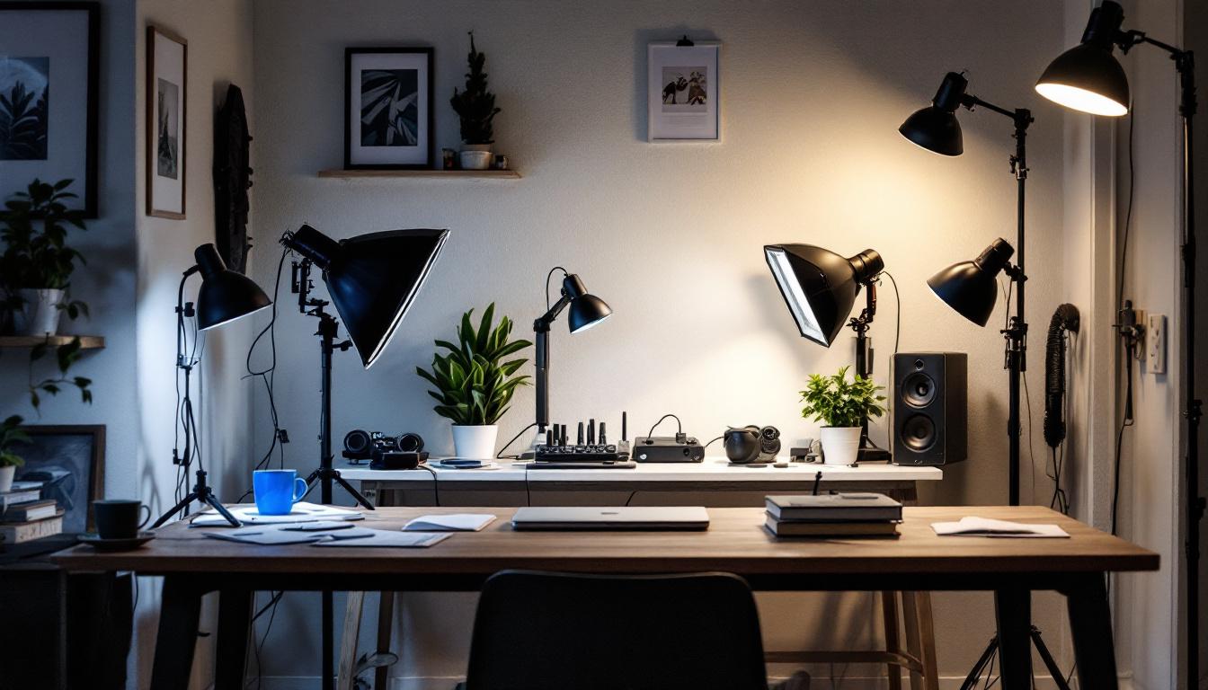 A photograph of a well-lit workspace featuring various affordable shop lights in use
