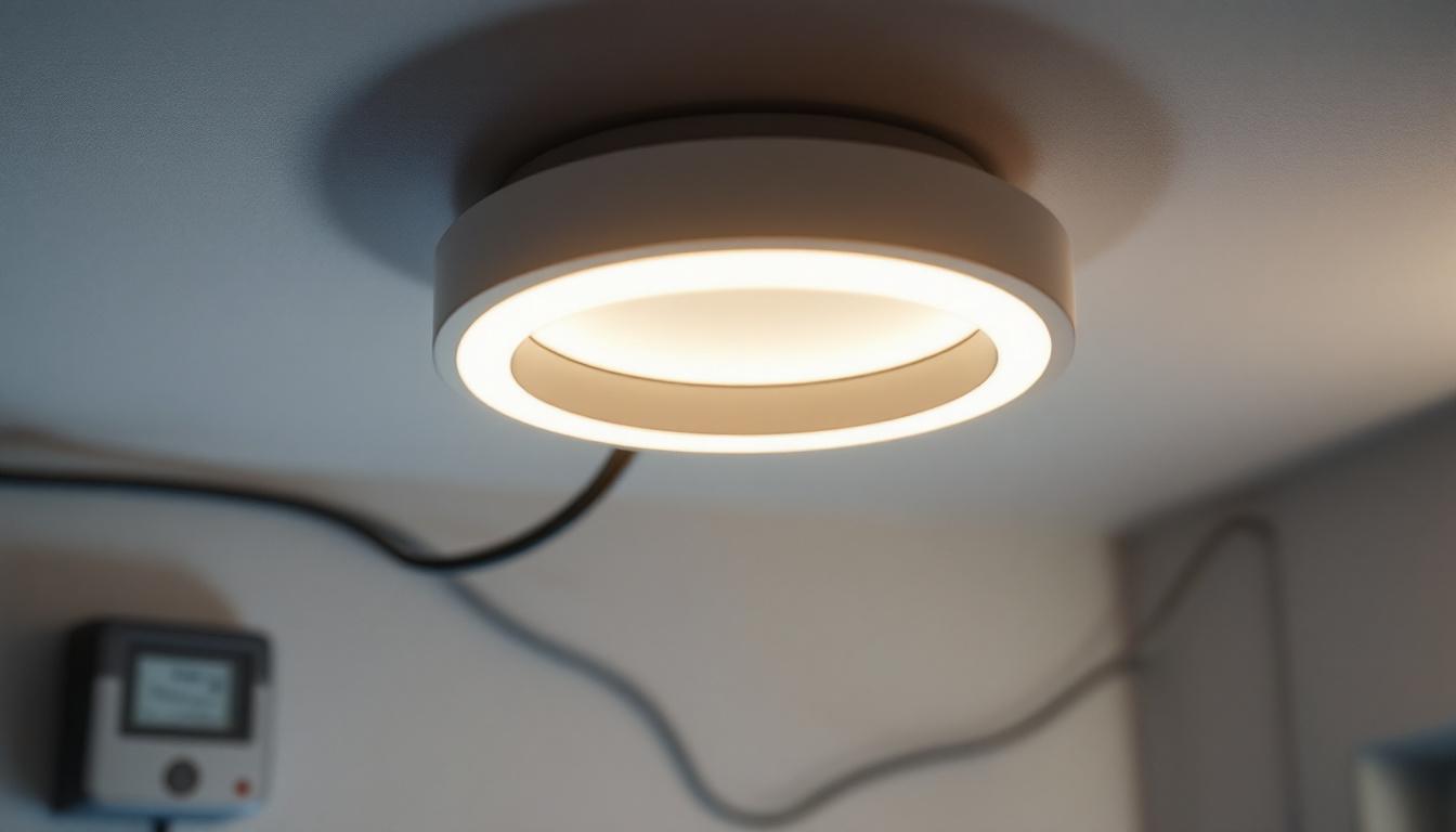 A photograph of a close-up shot of a modern light trim ring installed in a ceiling