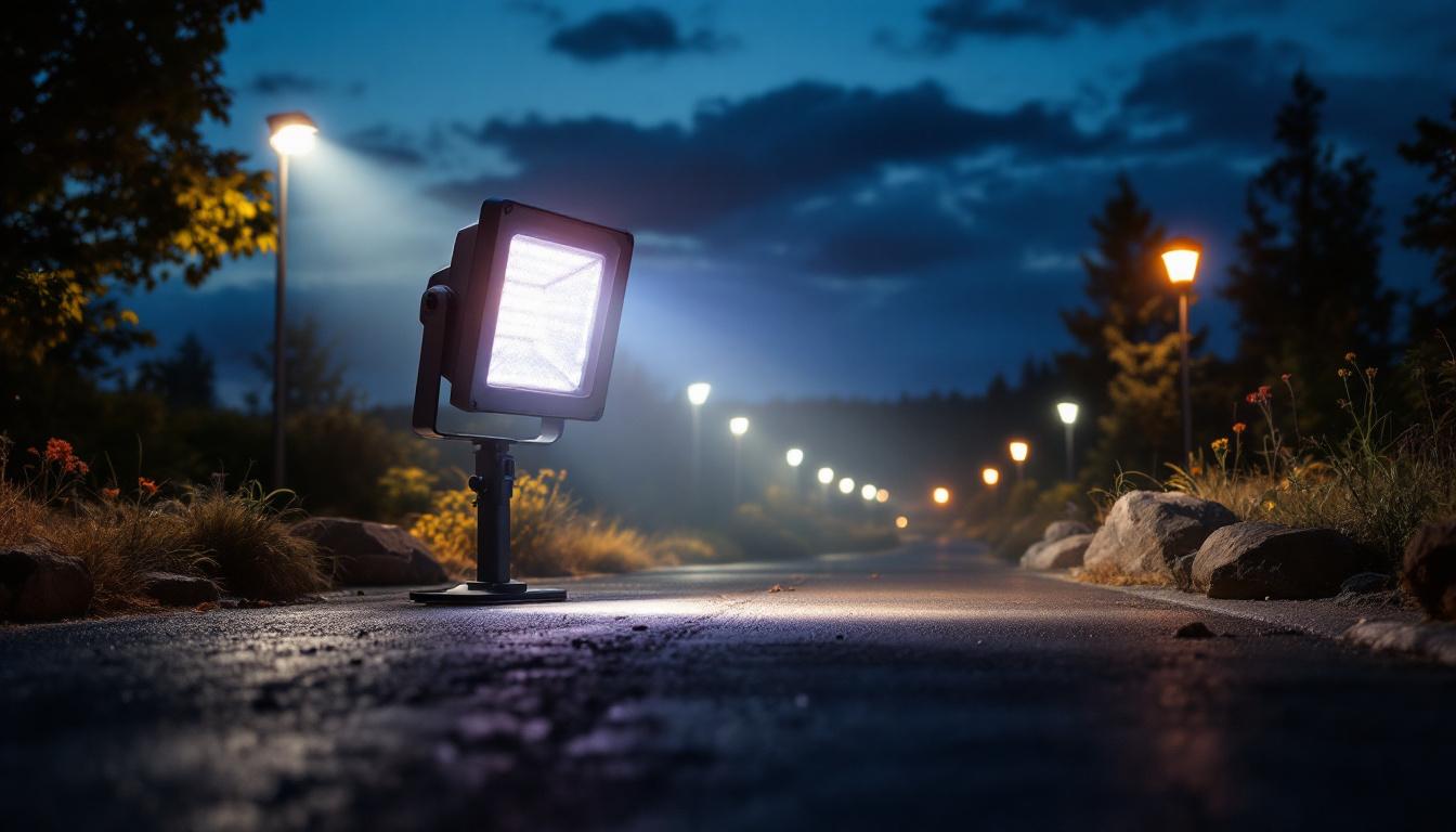 A photograph of a large flood light illuminating an outdoor scene at dusk