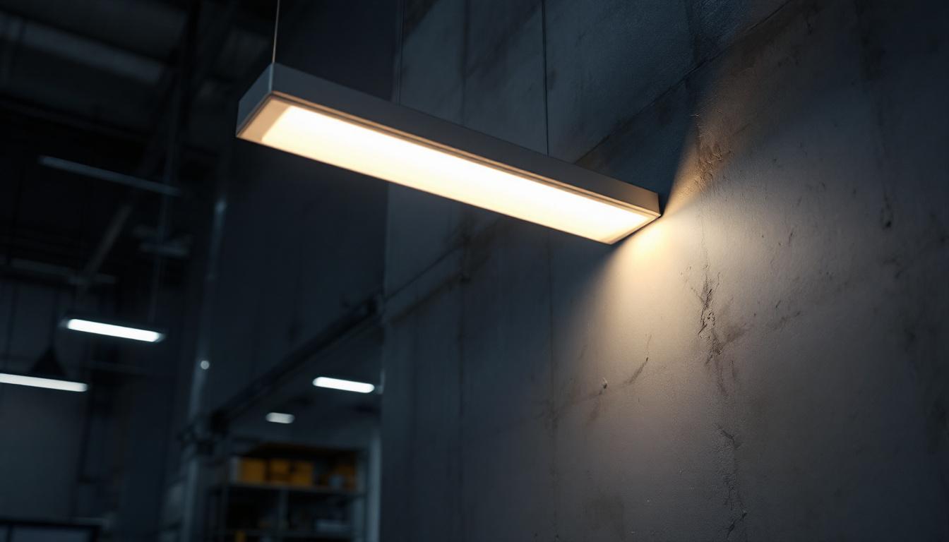 A photograph of a well-lit commercial or industrial space featuring an 8-foot led light fixture prominently installed