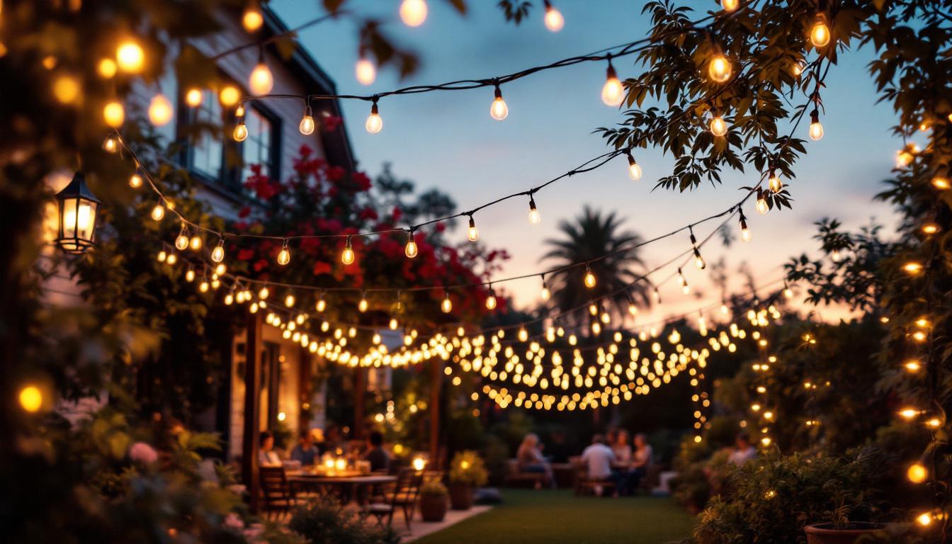 A photograph of a beautifully illuminated outdoor space featuring heavy-duty string lights draped across a patio or garden