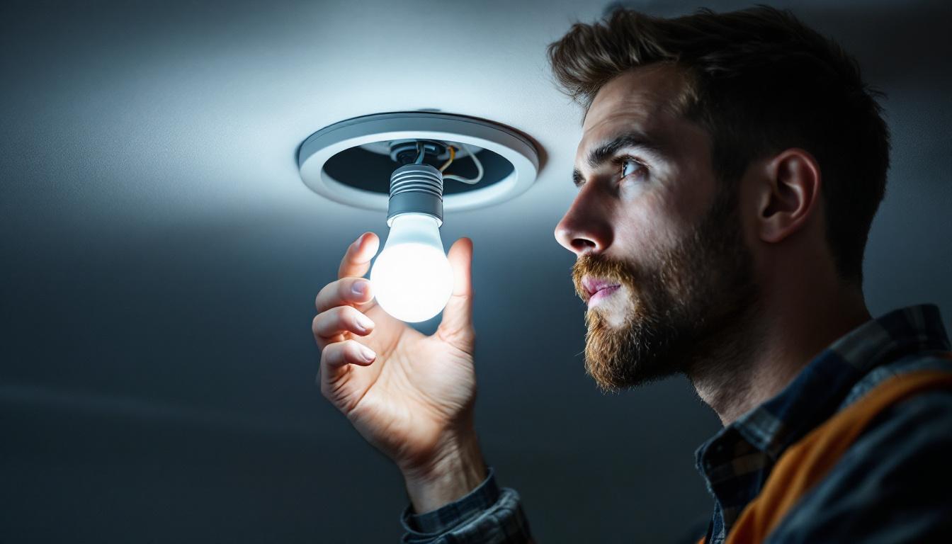 A photograph of a close-up shot of an electrical engineer carefully replacing a recessed can light bulb with an led bulb