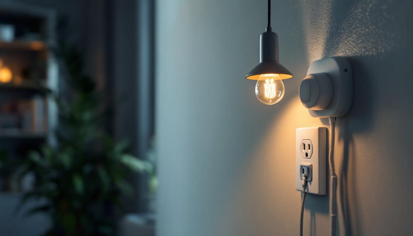 A photograph of a stylish light fixture with an integrated electrical outlet