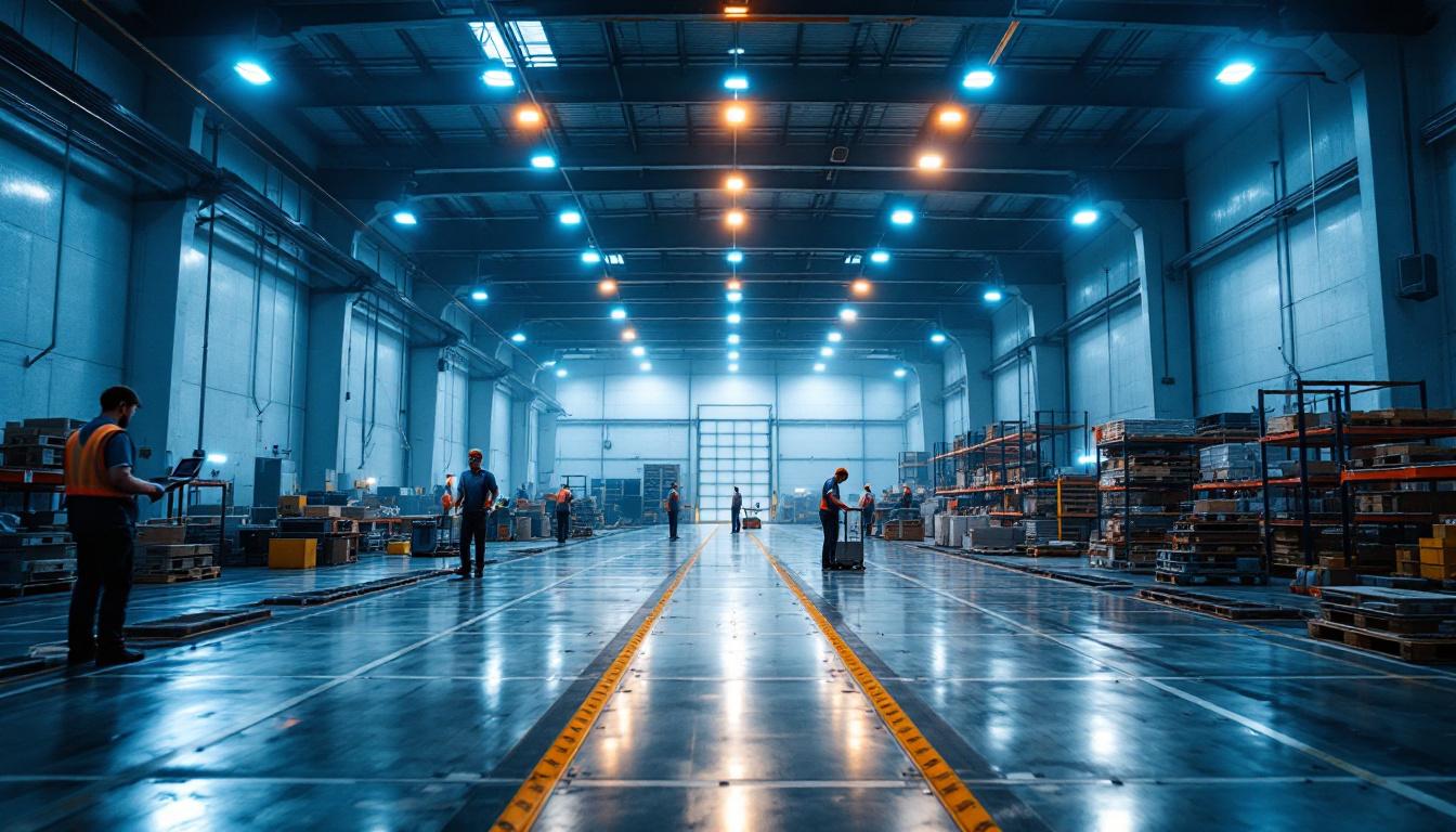 A photograph of a well-lit warehouse interior showcasing high bay led lights in action