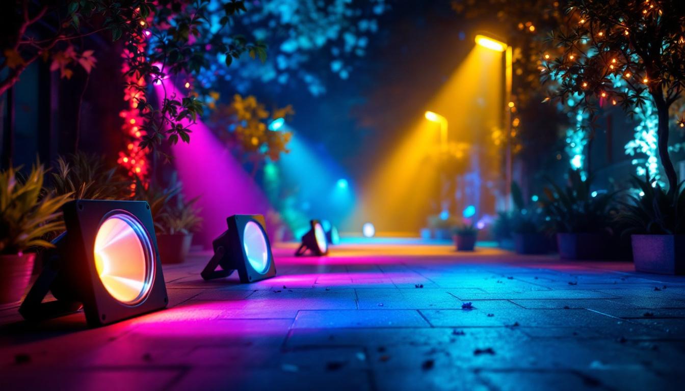 A photograph of a vibrant scene showcasing various coloured led floodlights illuminating an outdoor space