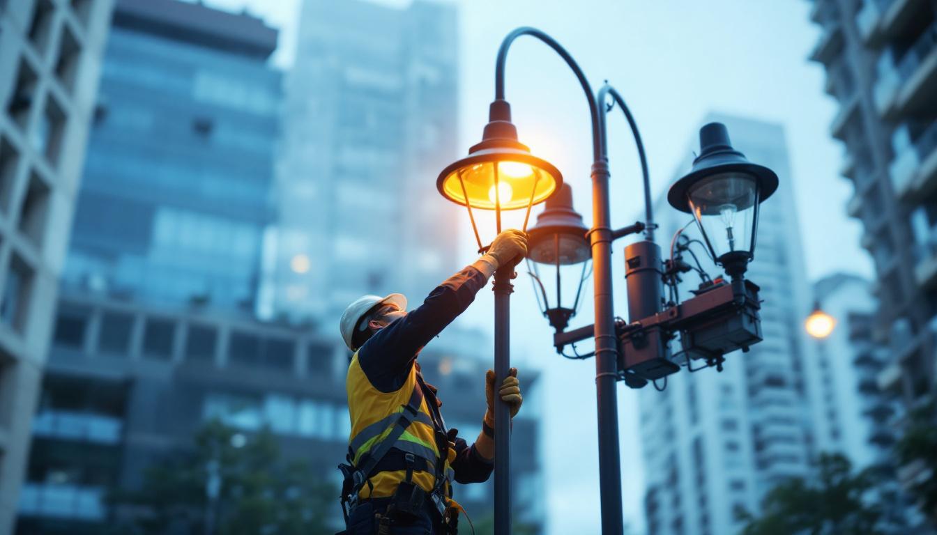 A photograph of a street lamp being replaced