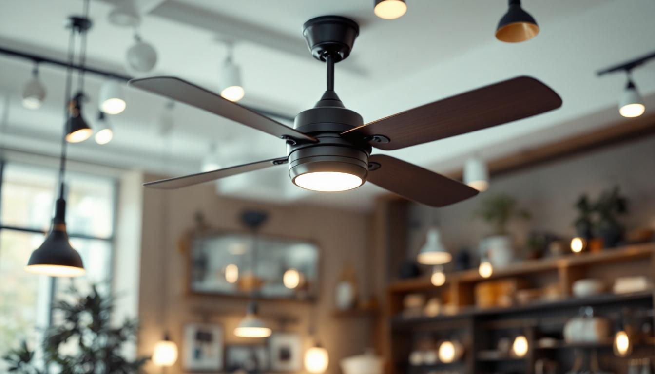 A photograph of a stylish big shop ceiling fan in a well-lit retail environment