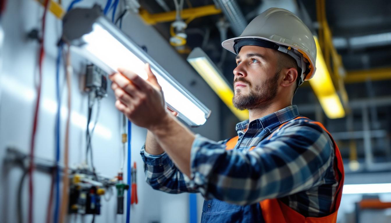A photograph of a skilled electrical engineer carefully installing a fluorescent bulb in a well-lit workspace